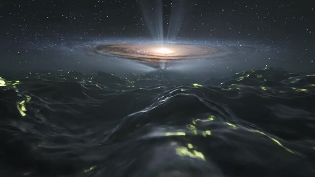 Dark undulating alien sea under a massive glowing spiral galaxy