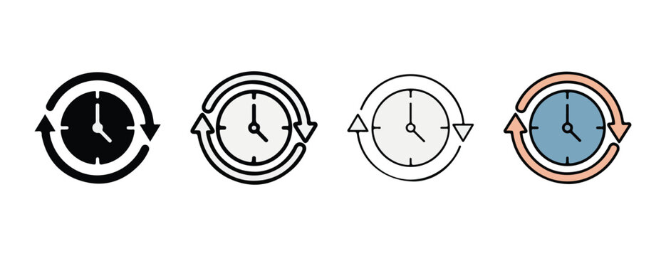 clock icons with circular arrows indicating time reversal or cyclical concept  clocks with arrows in various colors and styles