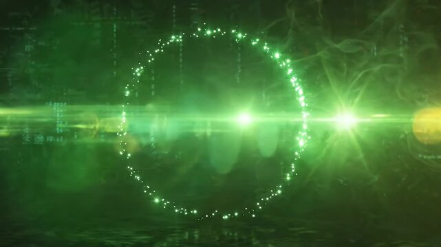Futuristic Neon Particle Ring with Lens Flare on Dark Background - A glowing ring of pink and green particles pulses against a dark, abstract backdrop.