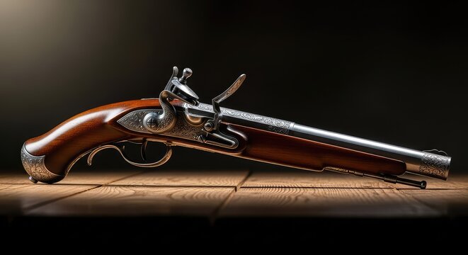 Antique flintlock pistol featuring a polished wooden stock and ornate steel barrel resting on a rustic table in a dark, atmospheric setting, protection, colonial, historical