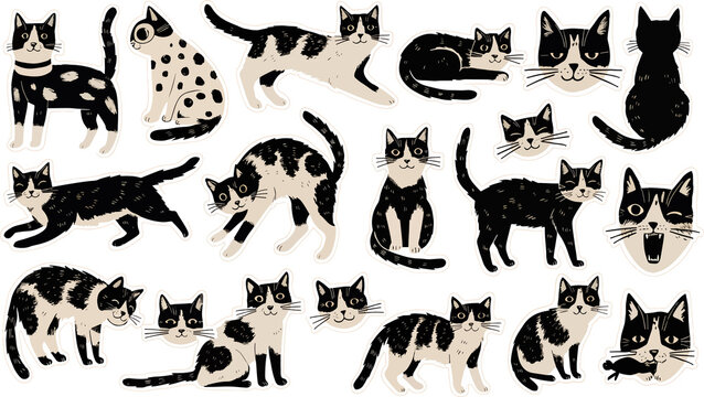 Digital illustration of multiple cat stickers on white background