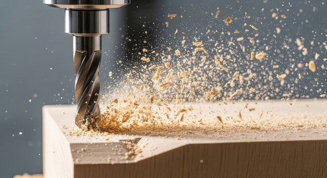 Close-up of a precision CNC milling machine bit carving into solid wood with dynamic flying sawdust and shavings in a professional workshop, metal, focus, professional