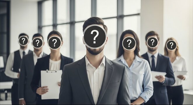Group of business people standing in office with question marks covering faces