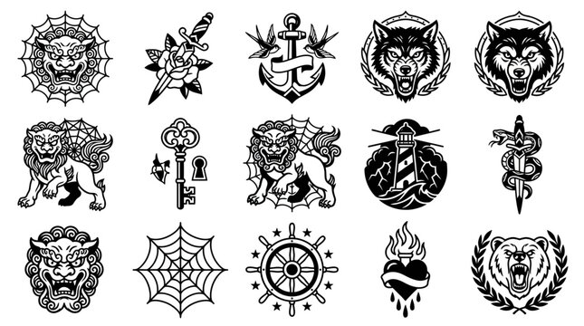 Black and white nautical and animal tattoo flash icons set