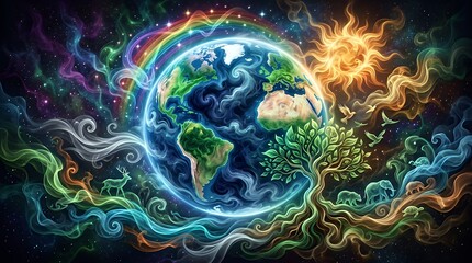 Fototapeta premium Vibrant Earth with swirling elements and animals