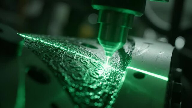 Precision Laser Scanning on Dark Industrial Surface - A high-precision laser scanning process is shown in action on a textured, dark industrial surface.