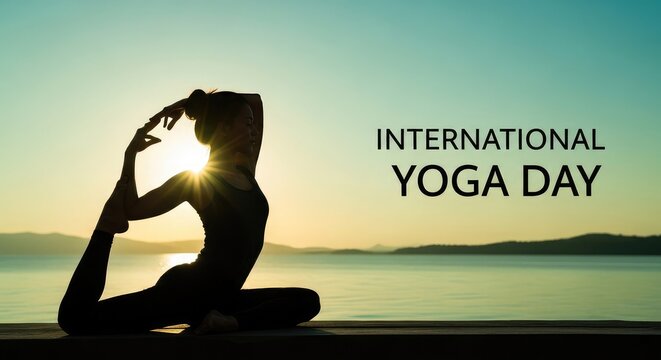 International Yoga Day dark teal background featuring a flexible yoga pose silhouette inside a glowing neon frame