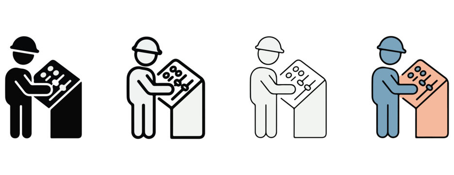 workers in hard hats interacting with control panels on boxes used for business and industry concepts  various colors