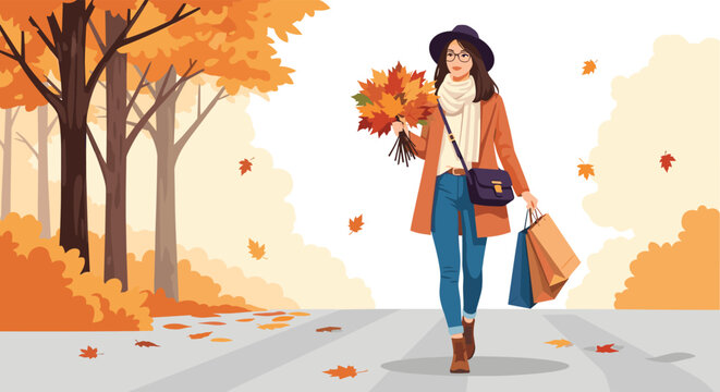 Fashionable woman walks down a path in an autumn park while carrying a bouquet of colorful fallen leaves and several shopping bags.