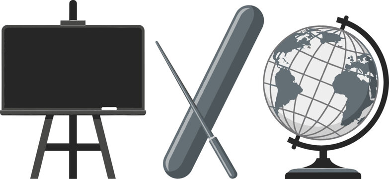 School Education and Classroom Lesson Vector Icon Set with Blackboard on Easel, Teacher Pointer Stick, and Earth Globe Sphere for Geography Studies Graphic Designs