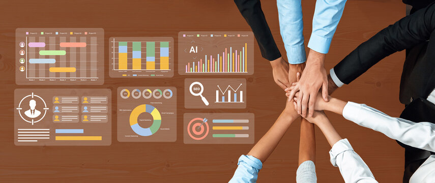 Diverse business professionals gather in an office setting, collaborating over data visuals and analysis tools to enhance performance and strategize for success. Gantry