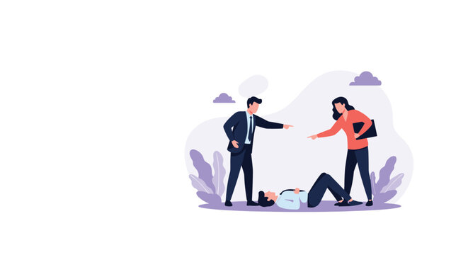 Businessman and woman point their fingers accusingly at a fallen man lying on the ground to represent workplace bullying and blame.