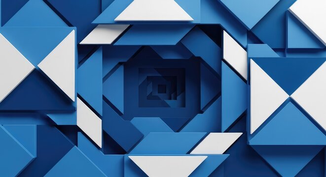 Modern geometric abstract composition showcasing layered blue and white shapes creating deep multidimensional texture and artistic depth, sharp, dimensional, wallpaper