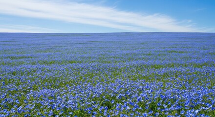 Fototapeta premium Vibrant blue wildflowers carpet a lush green meadow under a sunny sky, creating a breathtaking natural landscape scene during spring, wilderness, pastoral, grass