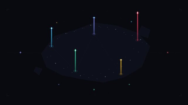 Glowing digital bars pulsating on a dark isometric platform