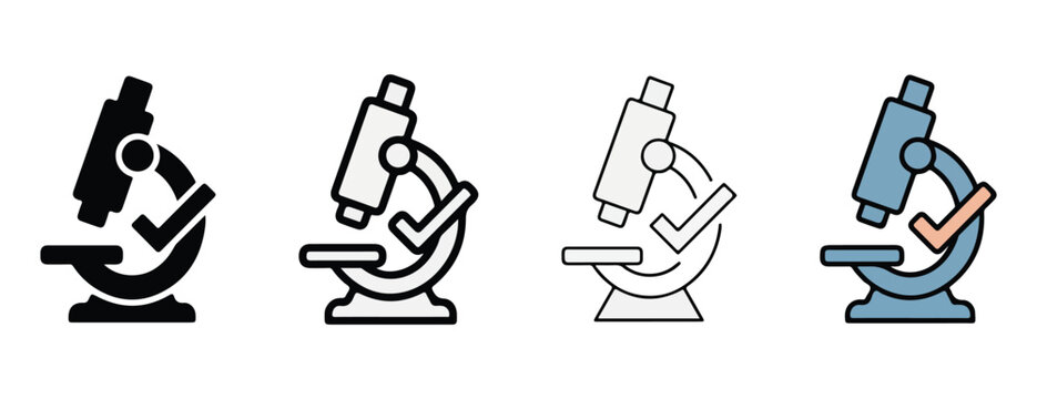 microscope icons with checkmarks on white background for science and education concepts  laboratory equipment and research tools