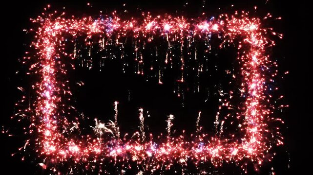 Red and Blue Fireworks Rectangular Frame - A vibrant rectangular frame made of sparkling red and blue fireworks illuminates the dark night sky.