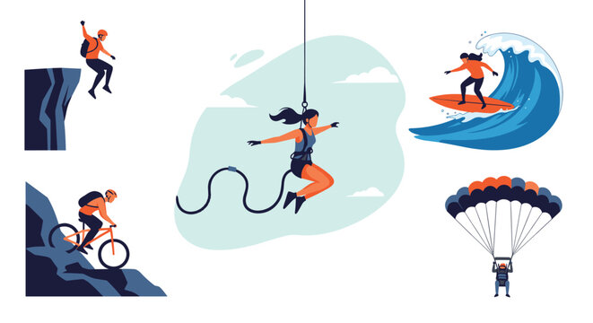 Collection of adventurous people performing extreme sports like surfing cliff jumping bungee jumping skydiving and mountain biking.