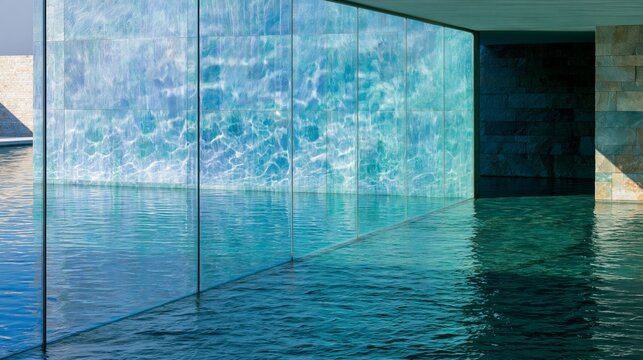 Modern Pool Facade with Blue Caustic Light