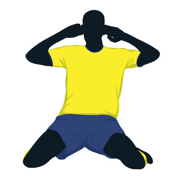 Iconic goal celebration of a soccer player in yellow shirt and blue shorts, hands on head, suitable for sportsrelated designs.