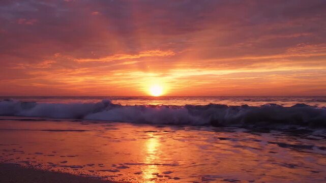 Vibrant Sunset Over Gentle Ocean Waves - A breathtaking sunset paints the sky with fiery oranges and purples as gentle waves roll onto a sandy shore.