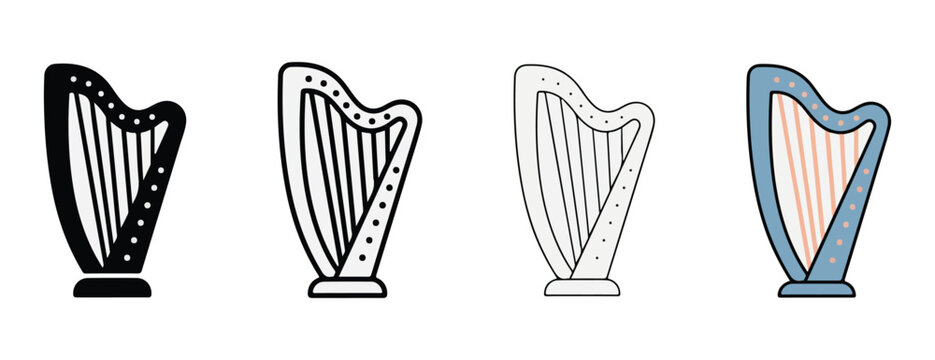 harp illustrations in various line art styles and colors on white background