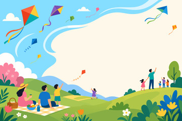 Naklejka premium Kite Festival Hill Background With Wind Shapes and Picnic Area