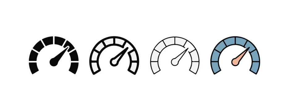 semicircle speedometer gauge icons in various colors and styles for business and technology concepts  speed and measurement tools