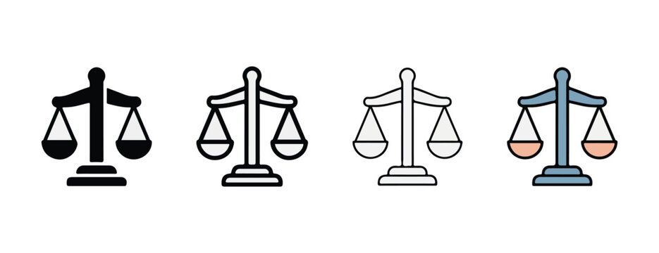balance scale icons in black gray and blue on white background for justice and equality concepts  various designs for law and business uses