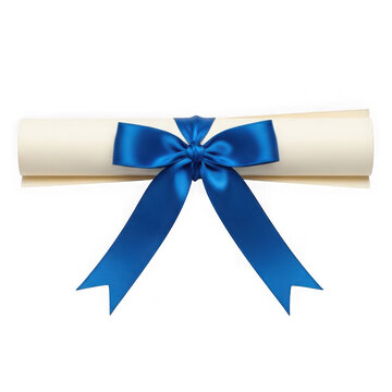 Diploma certificate rolled with elegant blue satin decorative bow ribbon transparent background