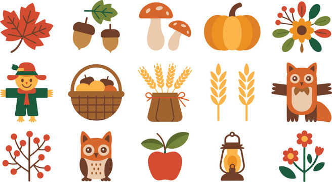Autumn and Thanksgiving vector icon set featuring cute fall elements pumpkin leaves scarecrow owl and forest animals