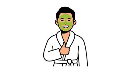 Fototapeta premium Man in Bathrobe Wearing Face Mask Giving Thumbs Up