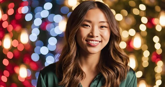 Smiling woman in green shirt against a festive background of colorful lights during a celebration