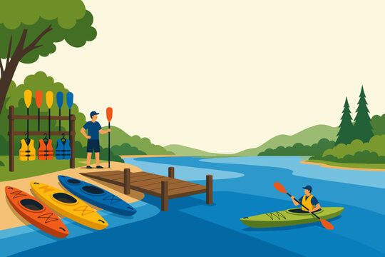 River Kayak Rental Background With Dock Shapes and Gear Rack