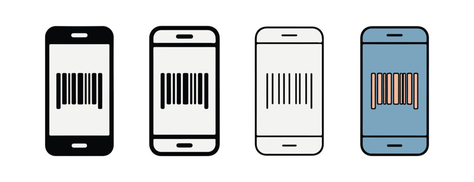 Four smartphone icons with barcode scans on their screens in different colors and styles for scanning product codes  mobile payment and shopping concept