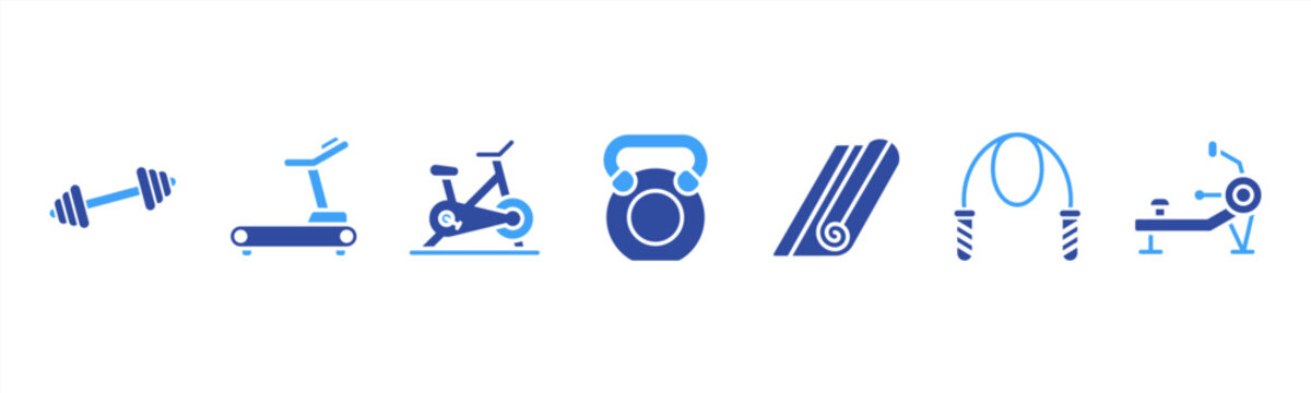 Fitness Equipment set featuring Dumbbell, Treadmill, Exercise Bike, Kettlebell, Yoga Mat, Jump Rope, Rowing Machine for gym and workout visuals.