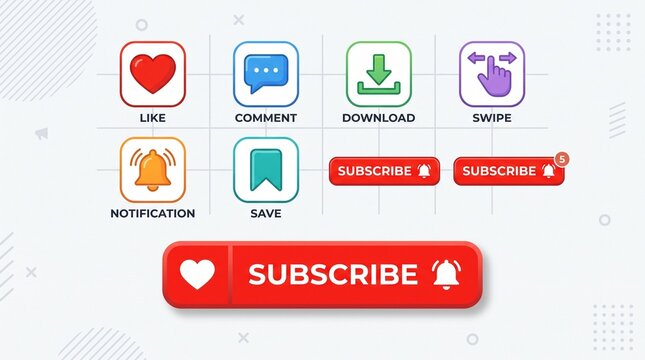 Like, subscribe, comment, download, swipe, notification, and save vector icons. YouTube subscription button with like icon and notification bell symbol, Subscribe with bell icon. Vector illustration.
