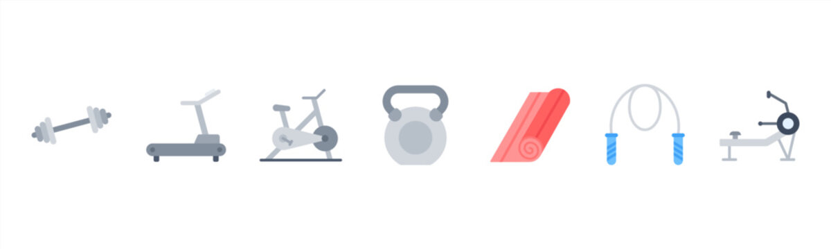 Fitness Equipment set featuring Dumbbell, Treadmill, Exercise Bike, Kettlebell, Yoga Mat, Jump Rope, Rowing Machine for gym and workout visuals.