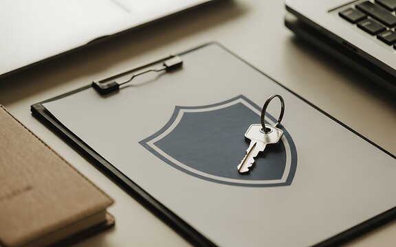 Key and shield symbol on clipboard representing property insurance and real estate security.