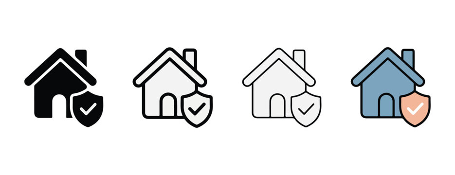 House with shield icons for home security and protection concepts  various colored house icons with checkmark shields