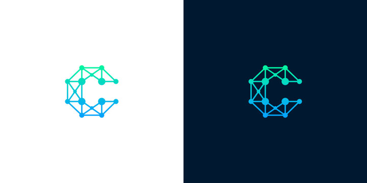 Modern letter C logo design featuring connected network nodes and geometric line patterns representing technology, digital data, and connectivity