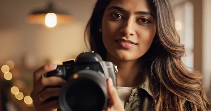 Smiling woman holding a camera in a cozy indoor setting with soft lighting and decorations