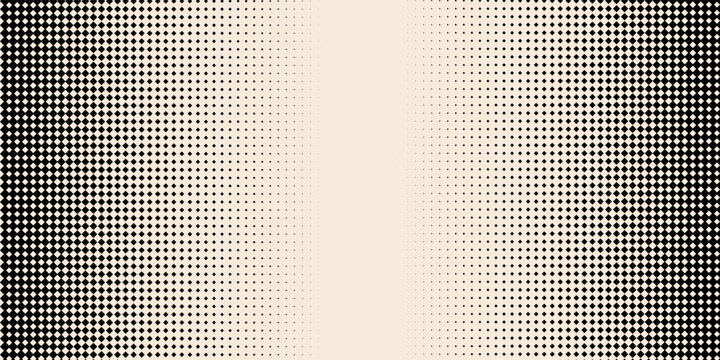 Aged beige square halftone gradient texture. Fading repeating diamond pixel background. Repeated gradation pattern. Vanishing comic pop art overlay backdrop. Vector cartoon raster effect wallpaper