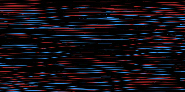 Random line noise seamless pattern. Blue red purple neon TV interference screen repeated texture. Horizontal irregular lines backdrop. Glitch or failure video effect wallpaper. Vector VHS background