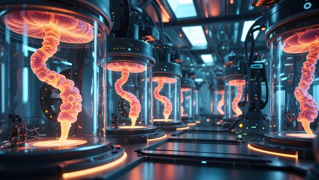 Futuristic Science Laboratory with Glowing Organic Specimens in Glass Vats