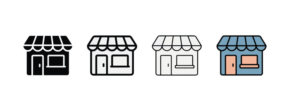 Set of colorful and black and white shop building icons with awnings and windows  simple storefronts with doors