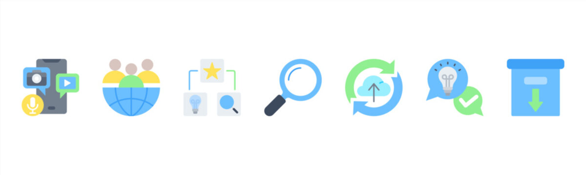 Knowledge Base Management icon set includes Content Creation, Organization, Categorization, Search, Update, Feedback, and Archiving for centralized knowledge management.