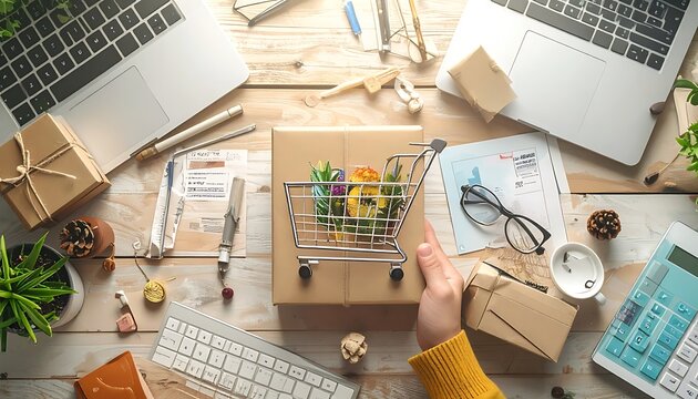 A cluttered desk with a hand holding a cardboard box and shopping cart
