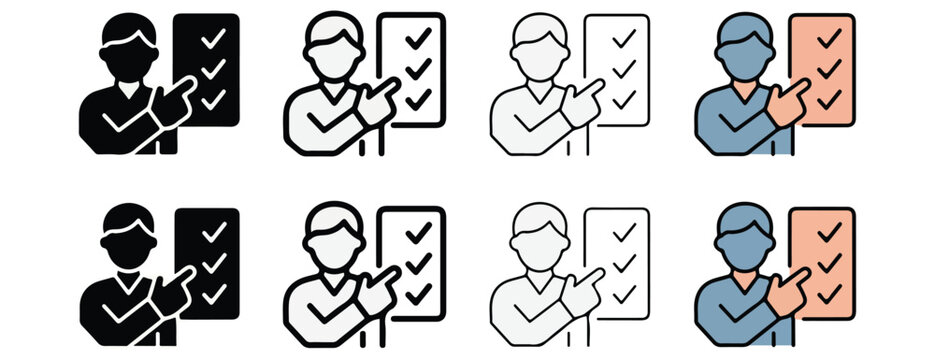 Set of flat line style people pointing at checklists in various colors on white background