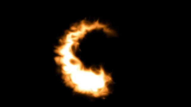 A curved crescent or letter C shaped fire trail glowing in bright orange and gold on a dark background forming a burning arc shape